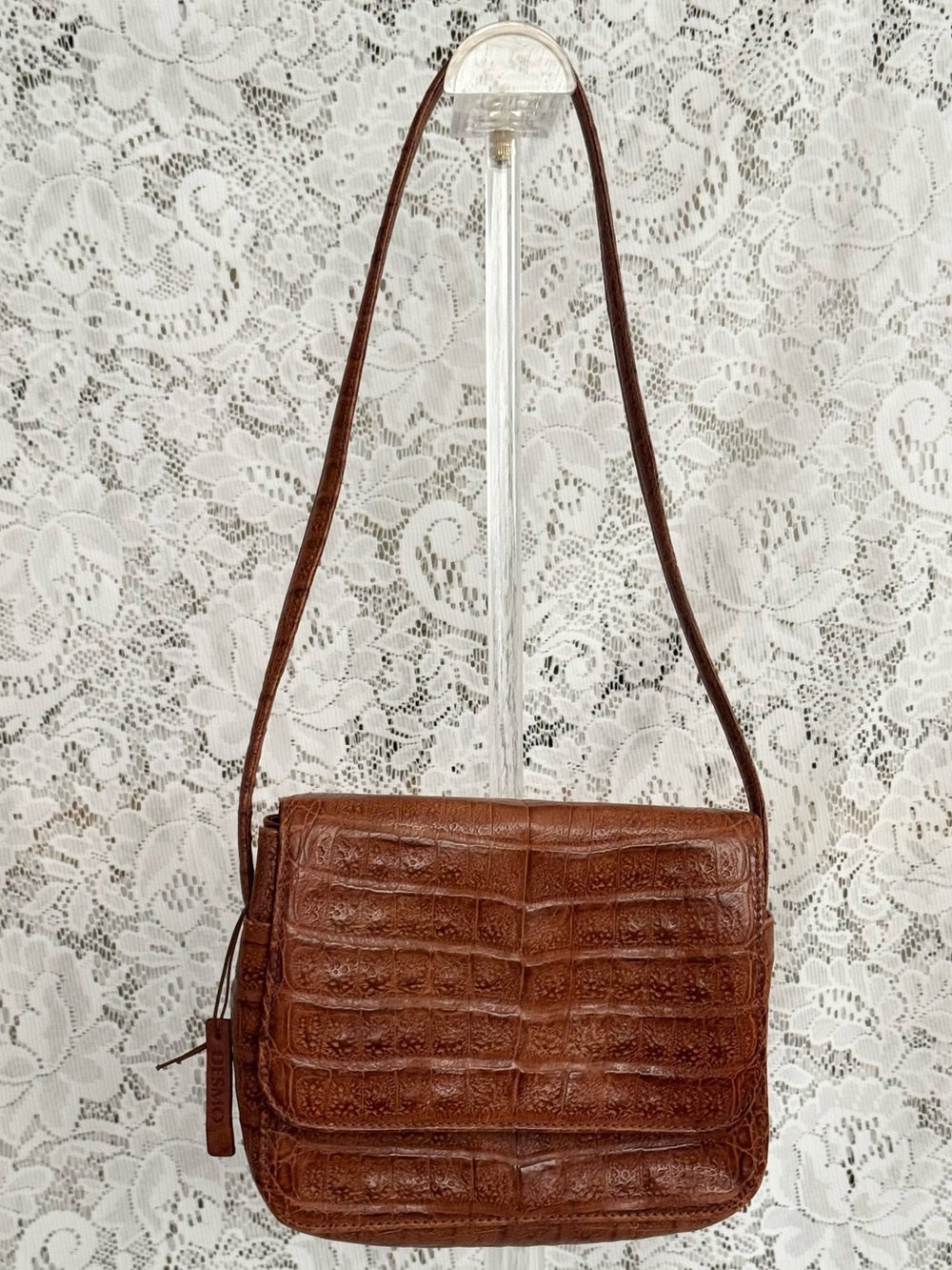 DESMO Italian Leather Croc Embossed Shoulder Bag Brown Vintage Crossbody